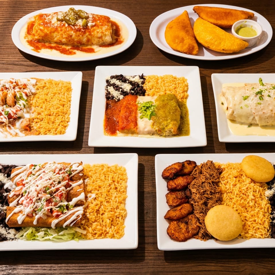 Assortment of Latin American dishes, including enchiladas, burritos, empanadas, rice, beans, plantains, and savory sides on white plates.