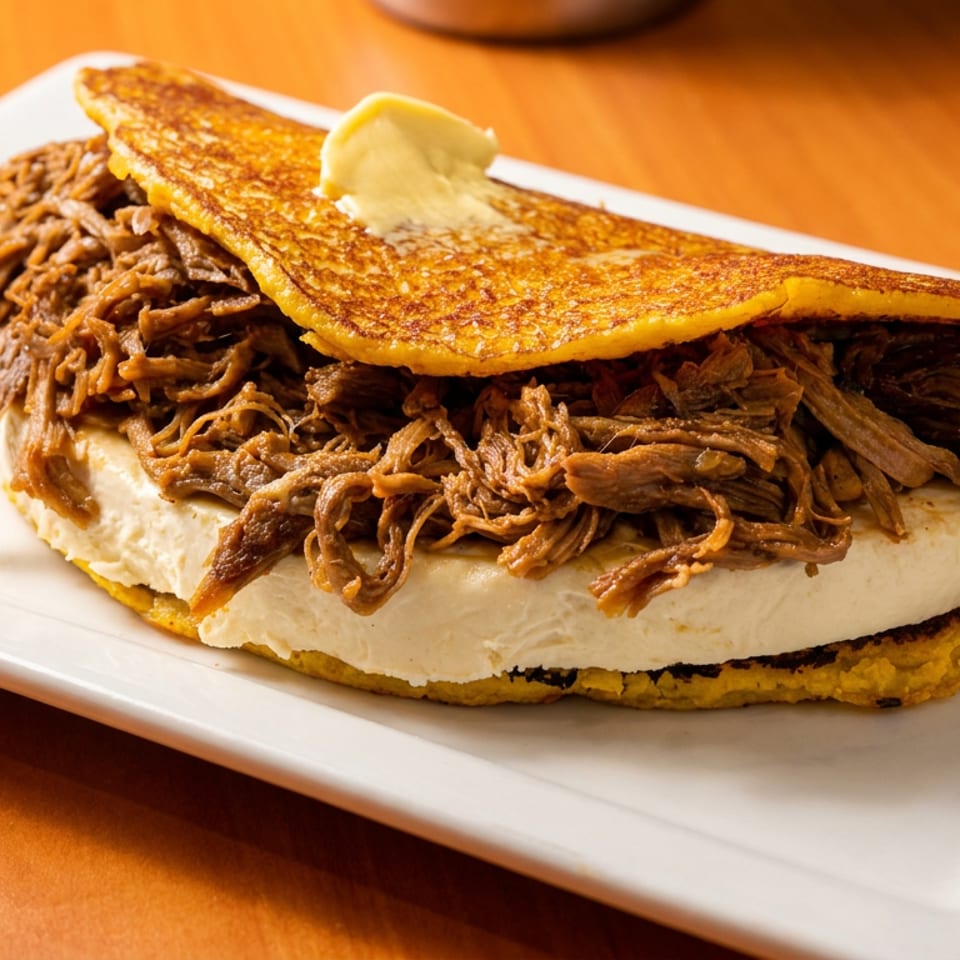 Golden folded cornmeal sandwich filled with shredded meat and white cheese, topped with butter on a white plate.